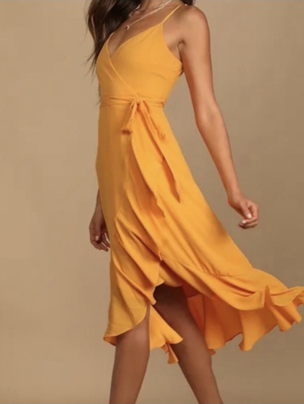 Lulus Manhattan Moment Bright Orange Ruffled Midi Wrap Dress